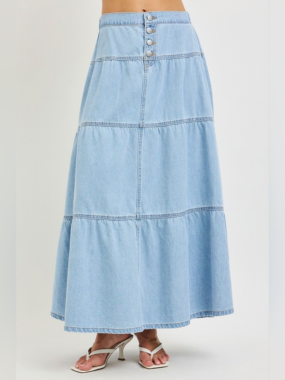 RISEN Light Wash Tiered Maxi Skirt Button Elastic Pull On Cotton Various NEW - Picture 6 of 6